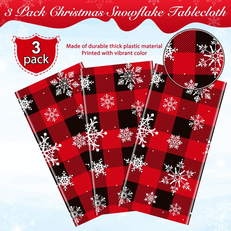 Jectivs 3 Pieces Red and Black Buffalo Plaid Merry Christmas Party Tablecloth Decorations Plastic White Snowflake Buffalo Plaid Sign Table Cover for Winter Christmas Holiday Party Supplies 54x108 inch - Image 4